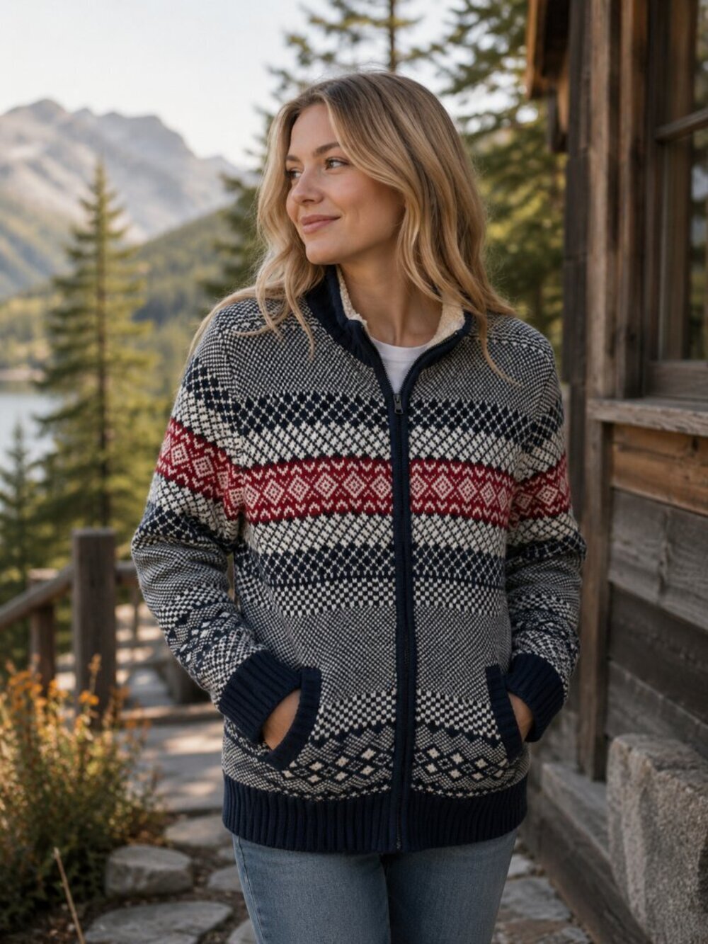Tommy Hilfiger Sweater Wool Blend Blue Fair Isle Wool Full Zip Apres Ski Medium